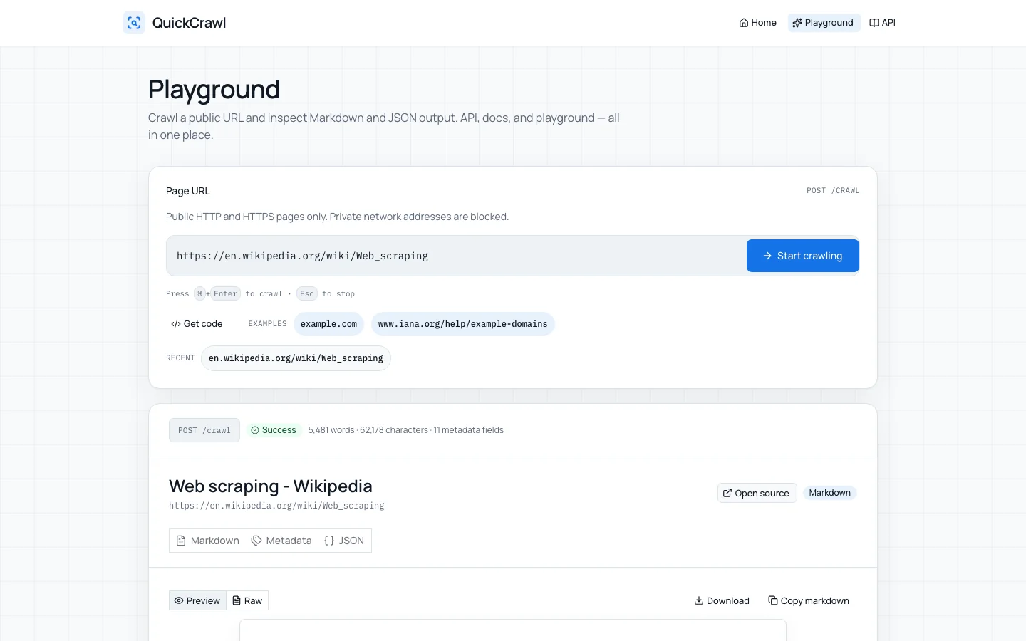 QuickCrawl playground showing a completed crawl with Markdown, metadata, and JSON output