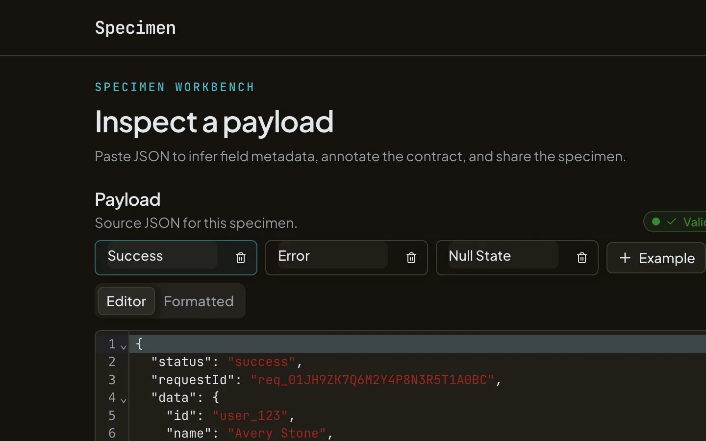 Specimen workbench with a JSON editor beside an inferred contract inspector