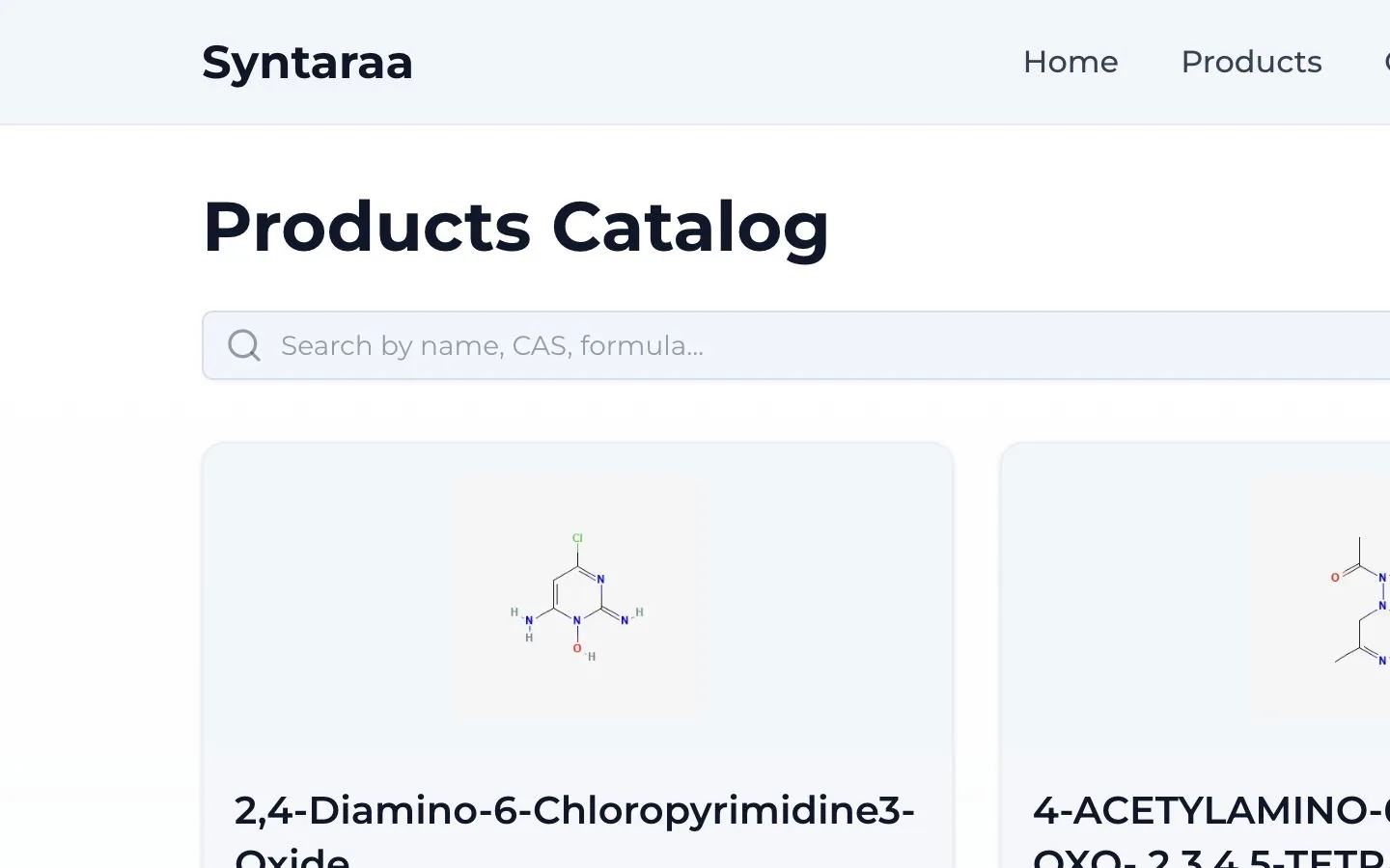Syntara product catalogue with chemical search, filters, and structured product cards
