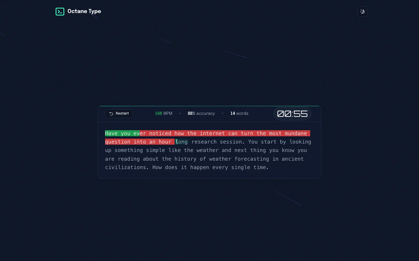 Octane Type test in progress, highlighting correct and mistyped words with live WPM and accuracy